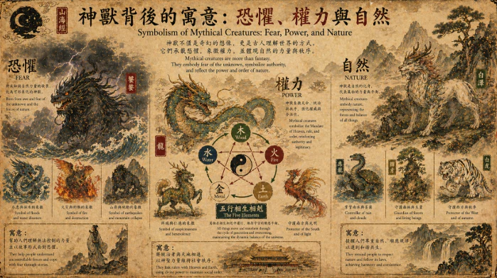 神獸象徵恐懼權力與自然的視覺場景