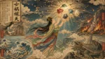 女媧補天神話場景天空裂縫與五色石