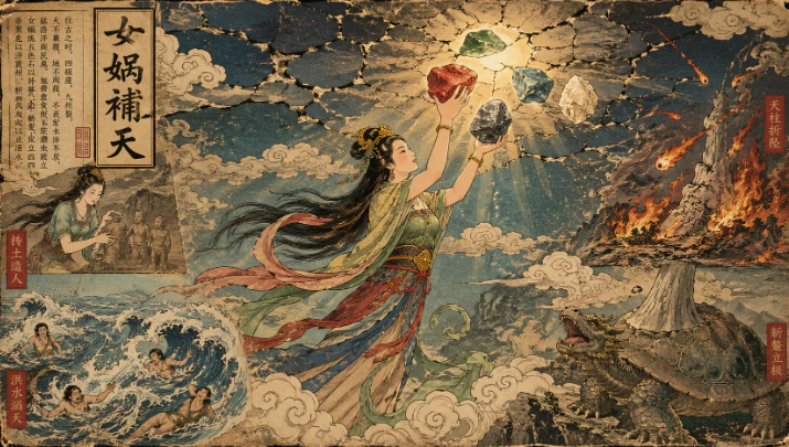 女媧補天神話場景天空裂縫與五色石