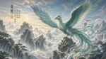 青鸞神鳥展翅於雲霧山巔的神話場景