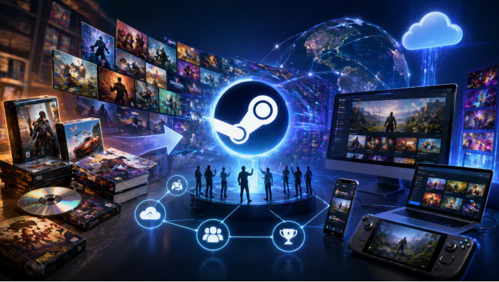 Steam與數位平台改變遊戲發行模式示意圖
