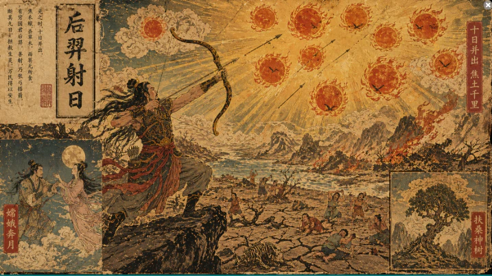 后羿射日神話場景十個太陽與神弓