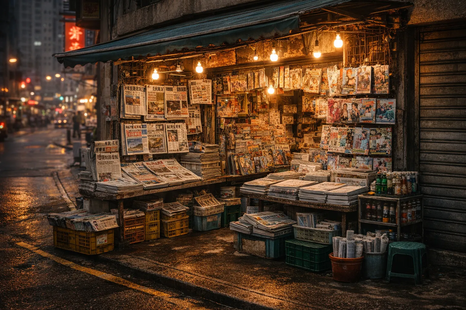 Old newspaper archives stacked in dim light representing fading printed history