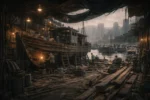 Traditional Hong Kong shipyard with workers building wooden boats along the coast