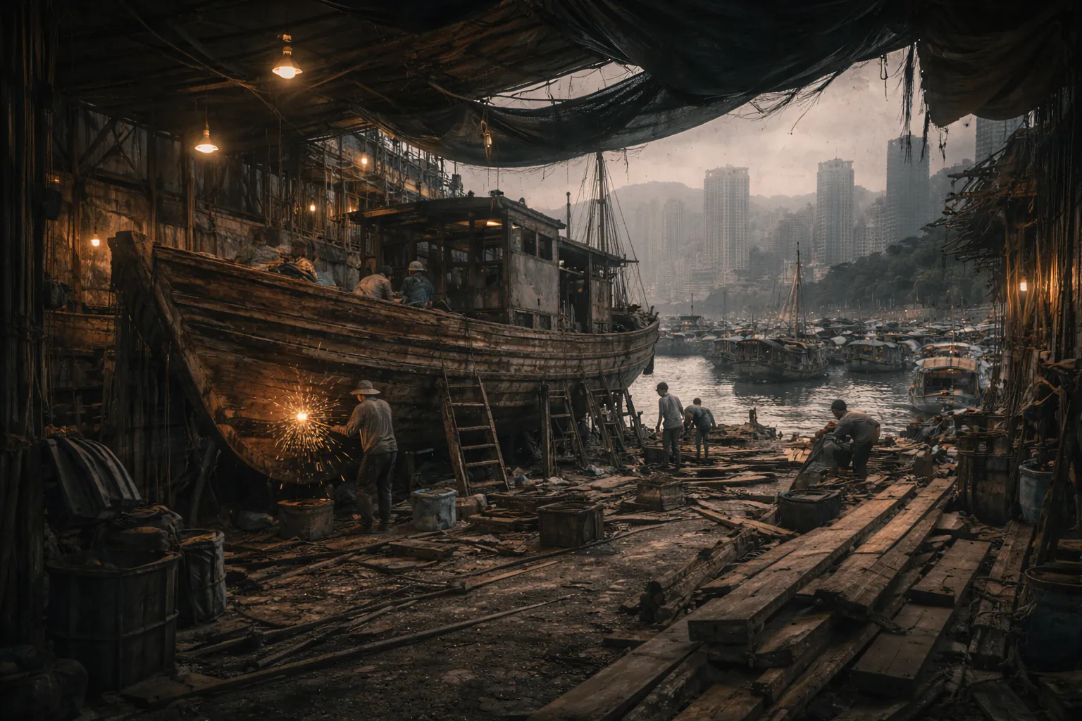 Traditional Hong Kong shipyard with workers building wooden boats along the coast