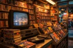 Rows of VHS tapes inside a vintage video rental store with warm lighting