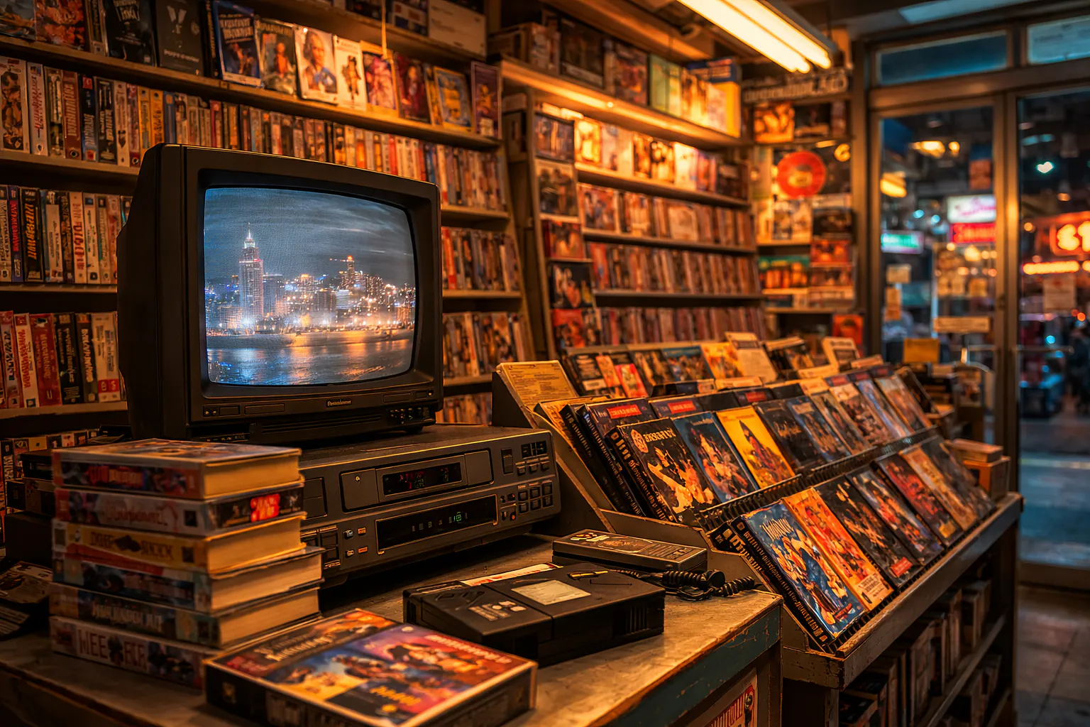 Rows of VHS tapes inside a vintage video rental store with warm lighting