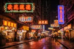 Bright neon signs illuminating a dense Hong Kong street at night