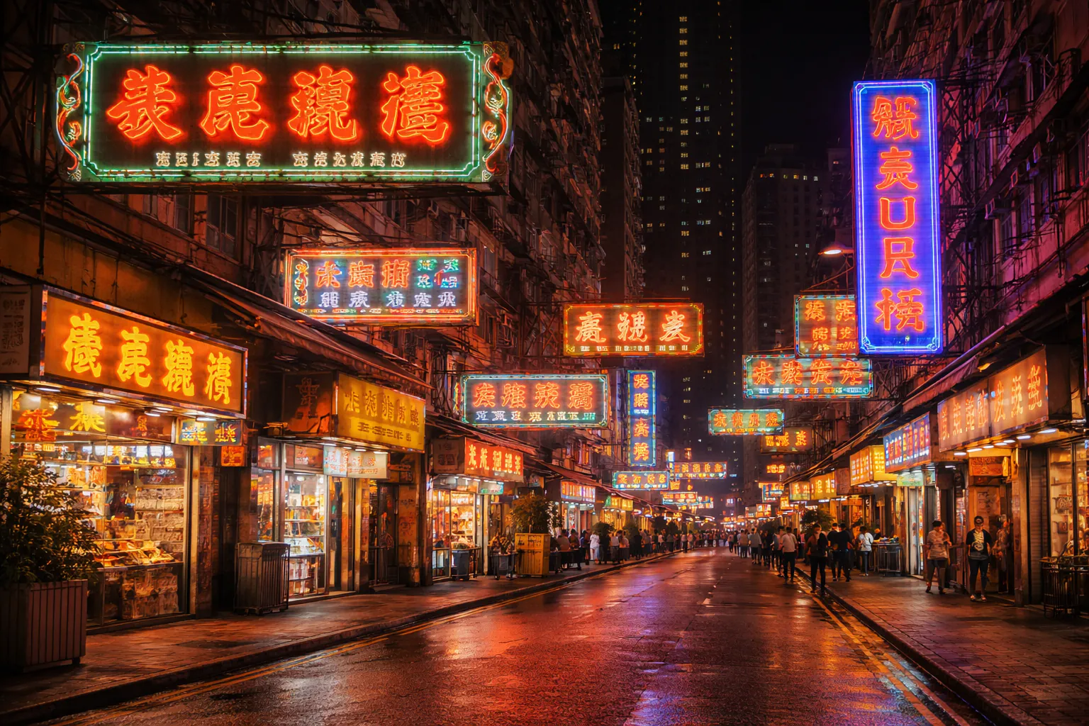 Bright neon signs illuminating a dense Hong Kong street at night