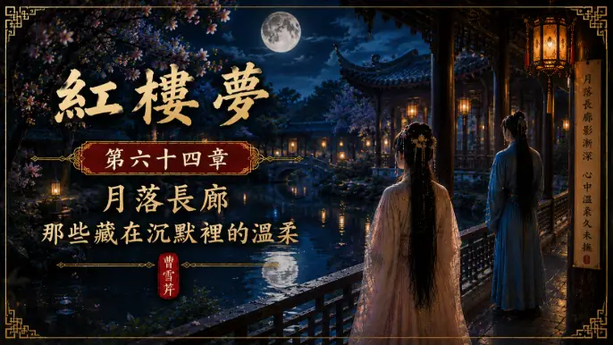 月夜長廊中的人物與庭院月光象徵沉默裡的溫柔情感