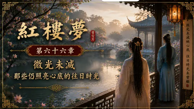 晨霧庭院中的人物與湖面微光象徵歲月深處仍未熄滅的情感