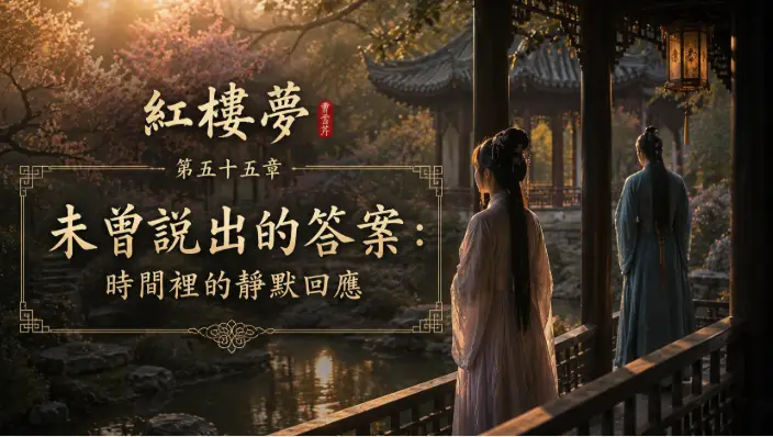 庭院長廊中的靜默身影與流動光影象徵未說出口的情感
