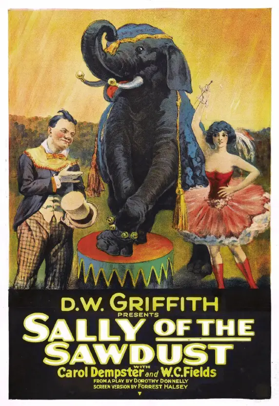 1925年默片《Sally of the Sawdust》中馬戲團少女站在表演帳篷前的經典場景