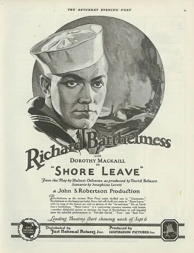 1925年默片《Shore Leave》中海軍水手與女主角在港口相遇的浪漫場景