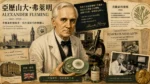 亞歷山大弗萊明與青黴素發現的復古拼貼風格插畫