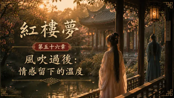 庭院黃昏中的兩人與柔和光影象徵情感留下的溫度