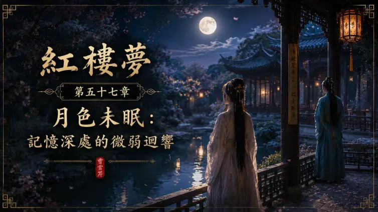 月色庭院中的兩人與湖面倒影象徵深夜記憶迴響