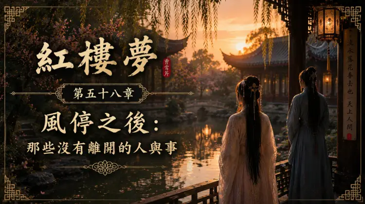 庭院黃昏中的人物與湖面倒影象徵未曾離去的情感