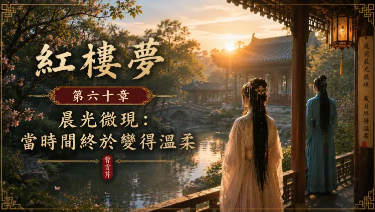 晨光庭院中的人物與湖面微光象徵時間帶來的溫柔平靜