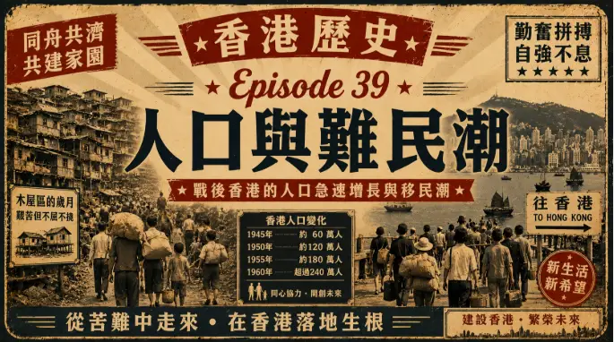 1950年代香港木屋區與大量移民聚集的街道景象，展現戰後人口急速增加的時代