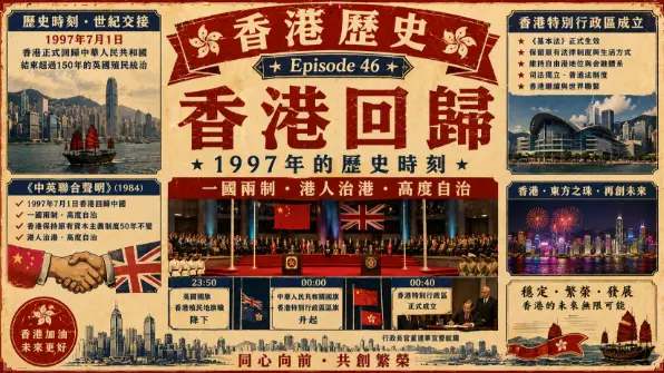 1997年香港回歸交接儀式與維多利亞港夜景，展現香港主權移交的重要歷史時刻