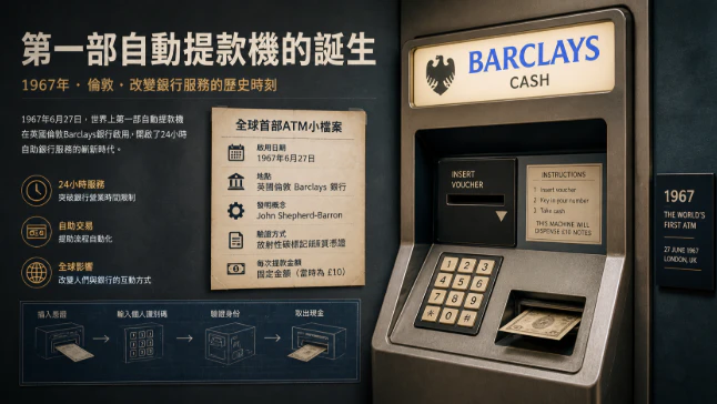 第一部ATM於倫敦Barclays銀行啟用的歷史場景