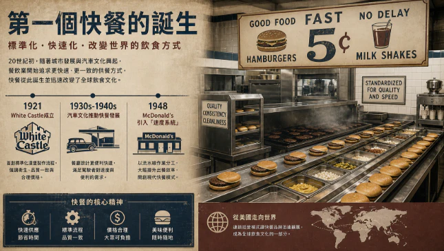 早期快餐餐廳以標準化流程製作食物的場景