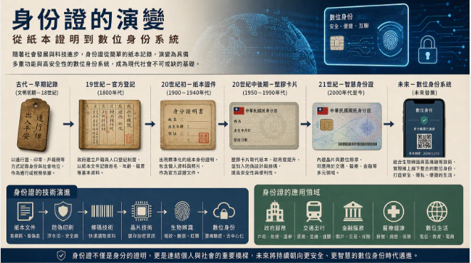 身份證從紙本證明到數位身份系統的演變示意
