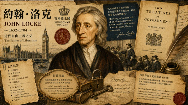 約翰洛克與自由主義思想的復古拼貼風格插畫