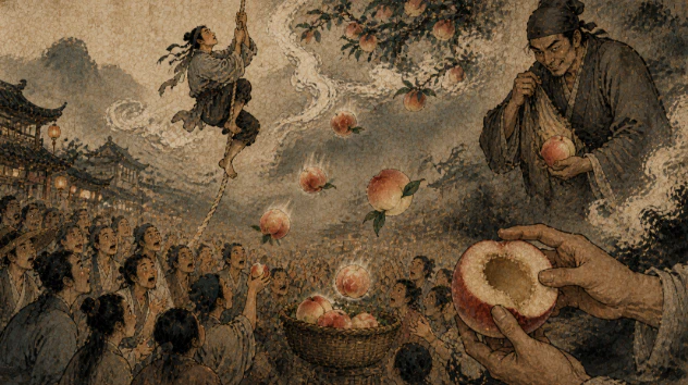 賣藝人攀繩至空中摘取桃子的奇幻場景