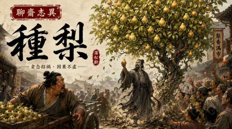 道人在古代市集中施展法術種出巨大梨樹，群眾驚恐圍觀的靈異場景