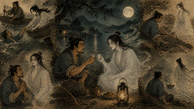 漁人與鬼魂在江邊對飲的場景