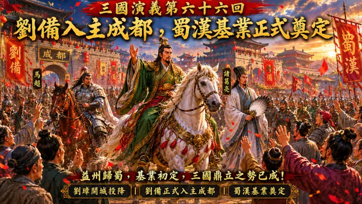 劉備率軍進入成都城場景