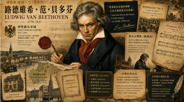 貝多芬與古典音樂轉型的復古拼貼風格插畫
