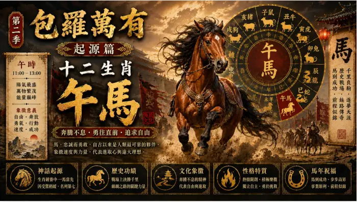 中國十二生肖午馬與東方歷史文化藝術場景