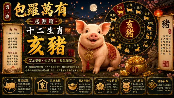 中國十二生肖亥豬與東方福氣文化藝術場景