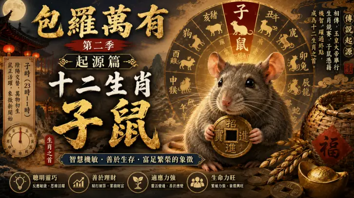 中國十二生肖子鼠與傳統東方文化藝術場景