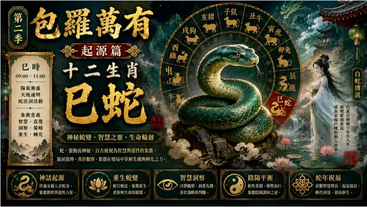 中國十二生肖巳蛇與東方神話文化藝術場景