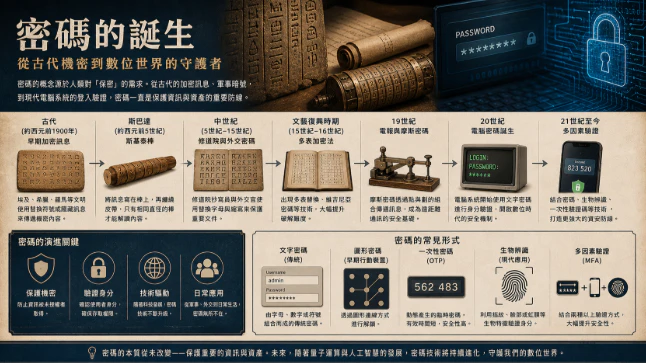 密碼從古代暗號到現代數位驗證的演變示意