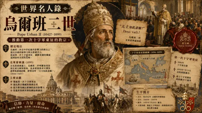 烏爾班二世與教皇國及第一次十字軍東征歷史主題插畫