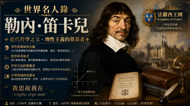 勒內·笛卡兒與法蘭西王國時代哲學革命主題插畫