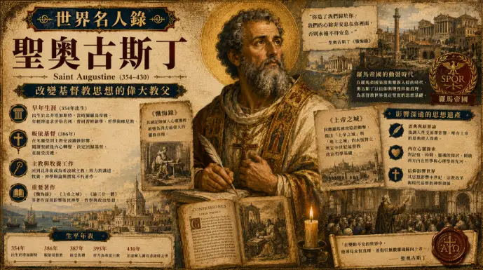 聖奧古斯丁與羅馬帝國基督教歷史主題插畫