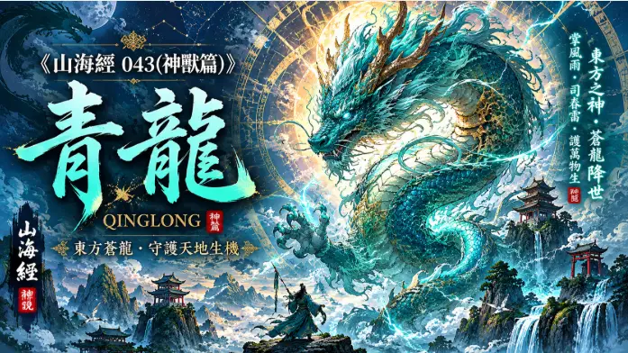 山海經中的青龍盤旋於東方天際，身披青色龍鱗與雷雲環繞的神話場景