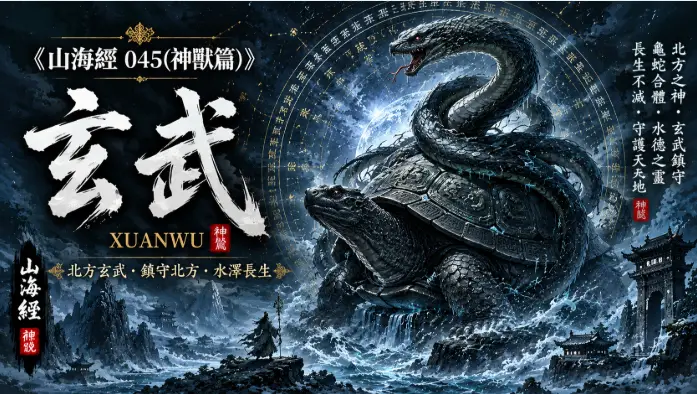 山海經中的玄武於冰雪與深海之間現身，黑龜與長蛇交纏的神話場景