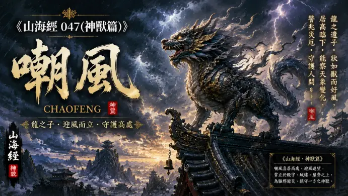 山海經中的嘲風立於高山與古塔之巔，在狂風雷雲之中守望天地的神話場景