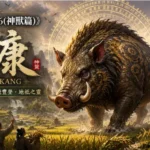 山海經中的當康行走於山谷與農田之間，巨大豬形神獸象徵豐收與富饒的神話場景