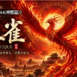 替代文字：山海經中的朱雀展開燃燒羽翼飛翔於赤紅天空之上的神話場景