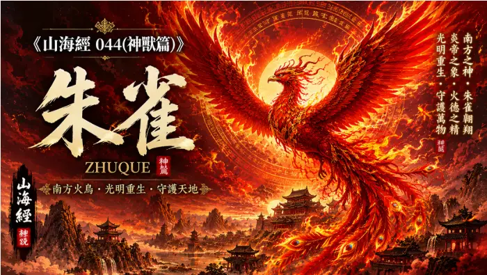 替代文字：山海經中的朱雀展開燃燒羽翼飛翔於赤紅天空之上的神話場景