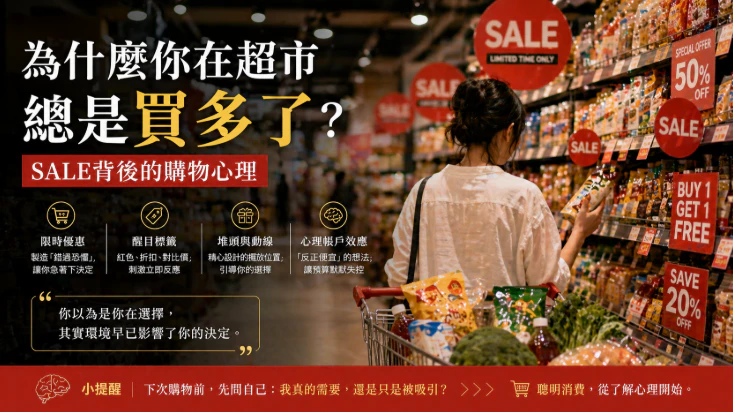 超市內紅色特價標籤與促銷區，展示購物心理影響