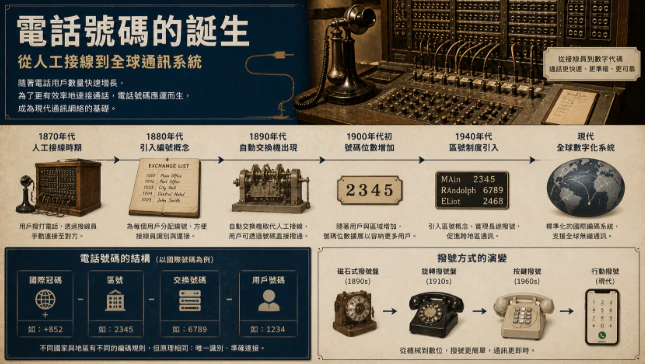 早期電話交換系統與數字編碼概念示意